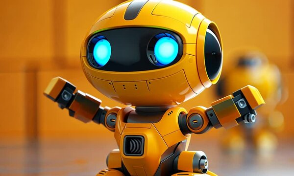 Cute yellow robot with big eyes and small body standing on a floor.