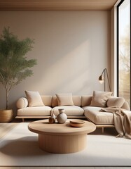 Generated image Modern cozy living room with beige sofa, wooden elements, and coffee table in natural light