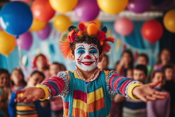 A young clown performing tricks for children at a birthday party, vibrant decorations and cheerful smiles.