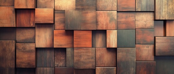 wood paneled walls with a natural wood finish. Wallcovering of wooden, tiled, and square blocks