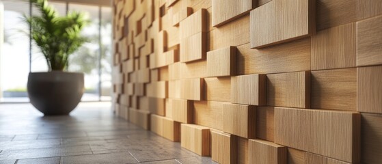 wood paneled walls with a natural wood finish. Wallcovering of wooden, tiled, and square blocks