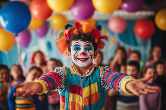 A young clown performing tricks for children at a birthday party, vibrant decorations and cheerful smiles.