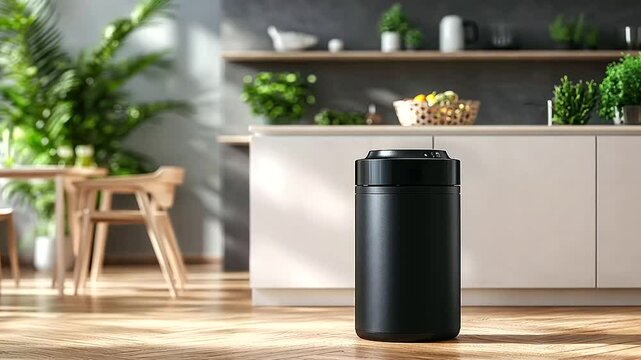 A compact food waste composter with an elegant design, placed in a minimalistic, eco-friendly kitchen
