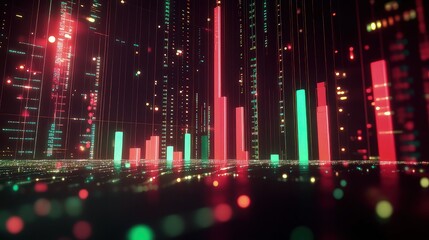An abstract financial graph with glowing red and green bars rising and falling against a sleek, dark background.
