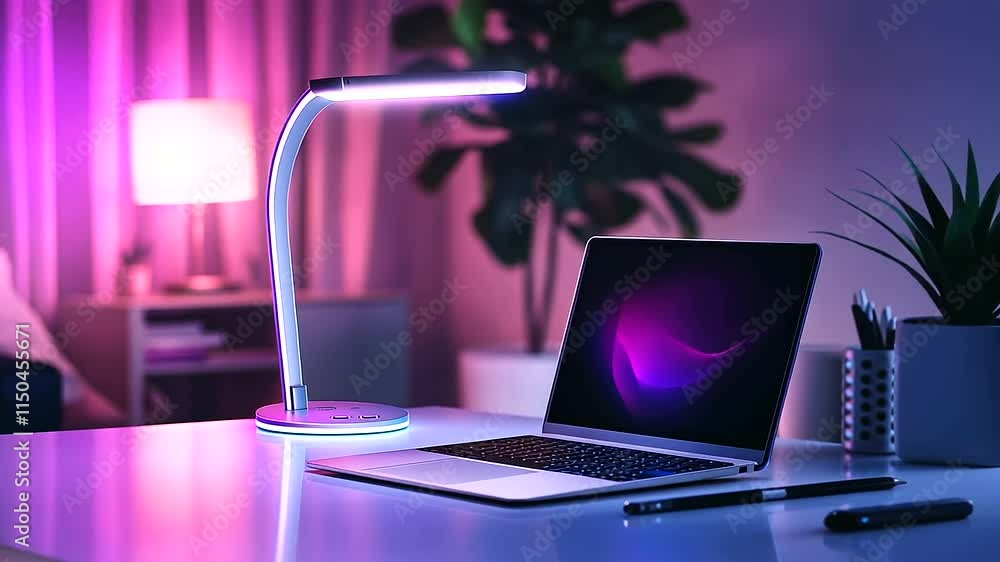 Poster a futuristic led desk lamp with voice-activated controls and color-changing features, illuminating a