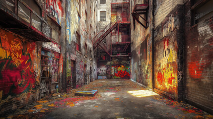 Fototapeta premium Urban Grit – Graffiti-Covered Alley with Cracked Walls and Layers of History