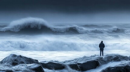 Man silhouetted against powerful ocean waves during a storm.