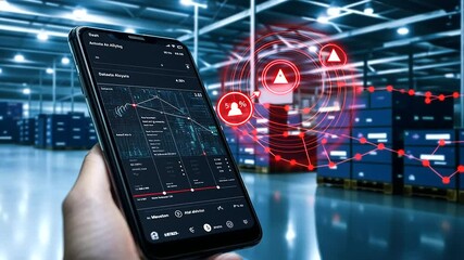 A futuristic app design featuring a dashboard with container locations, secure blockchain logs, and RFID tag details, presented on a smartphone with a dynamic logistics network in
