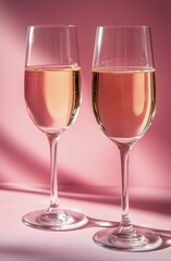 Elegant pink glasses filled with wine against a soft pink background in a minimalist setting