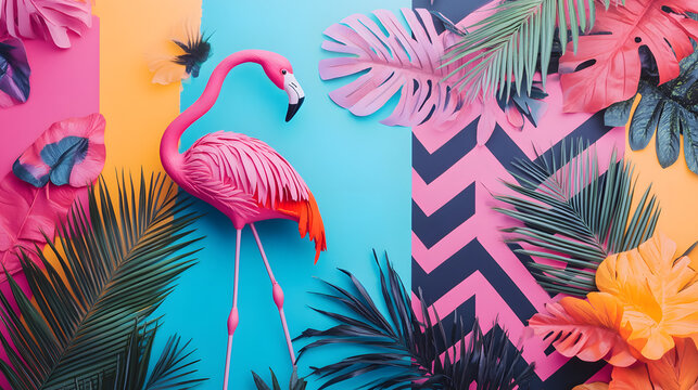 A bold patchwork with tropical flamingos chevron patterns and neon palm leaves layered in striking color combinations.