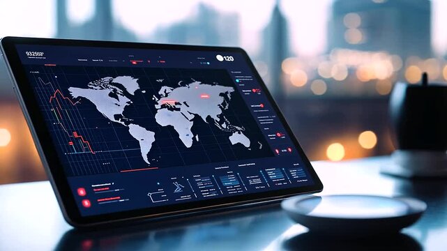 A sleek cargo container tracking app interface displayed on a tablet, showing a global map with real-time GPS tracking, RFID scans, and blockchain-secured updates for logistics dat
