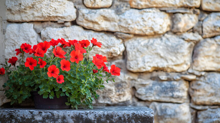 A bold red geranium flower cluster its vivid hues glowing against a rustic stone wall in diffused light.
