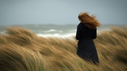 Woman with flowing red hair standing in tall grass by stormy sea.