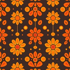 Obraz premium Retro Flower Power: A vibrant and groovy seamless pattern featuring bold orange and yellow flowers on a deep brown background, perfect for adding a touch of 70s nostalgia to your designs. 