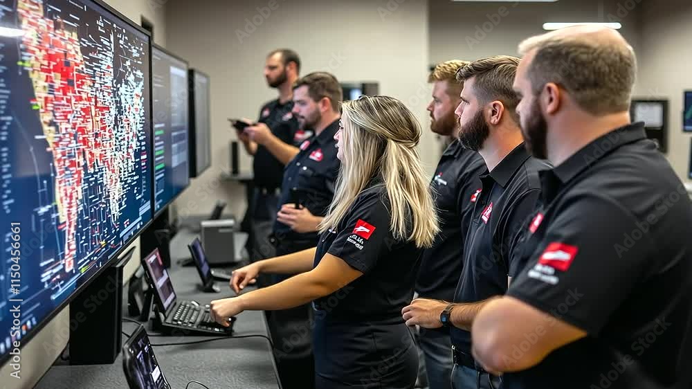Aufkleber rescue workers in a well-lit emergency operations center gathered around a large digital map display