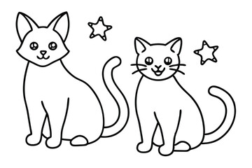 Two happy cat with star line art vector illustration