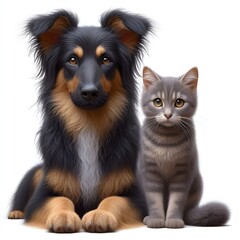 Fototapeta premium A dog and a cat stand full-length on a white background