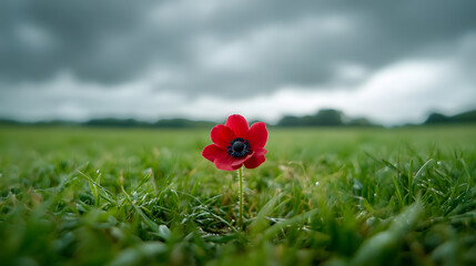 A bright red anemone flower with a dark center standing out against a lush green field under overcast skies.