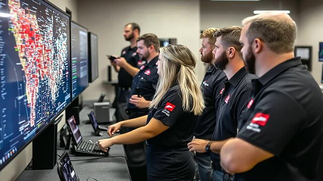 Rescue workers in a well-lit emergency operations center gathered around a large digital map displaying live updates, discussing rapid response strategies