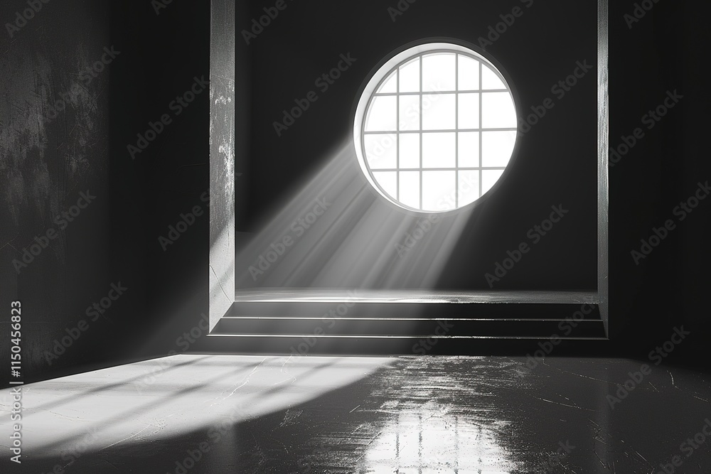 Poster white light shining through small round window in the black room. square geometric frame, empty thea
