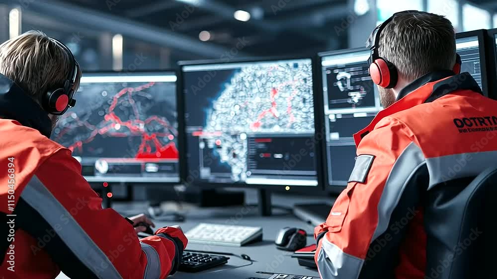 Aufkleber a team of rescue workers wearing high-visibility gear in a command room filled with monitors, analyz