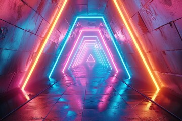 yellow pink blue neon light, abstract ultraviolet background, triangle shape, dynamic glowing lines, psychedelic vibrant colors, show stage, tunnel, corridor, night club interior