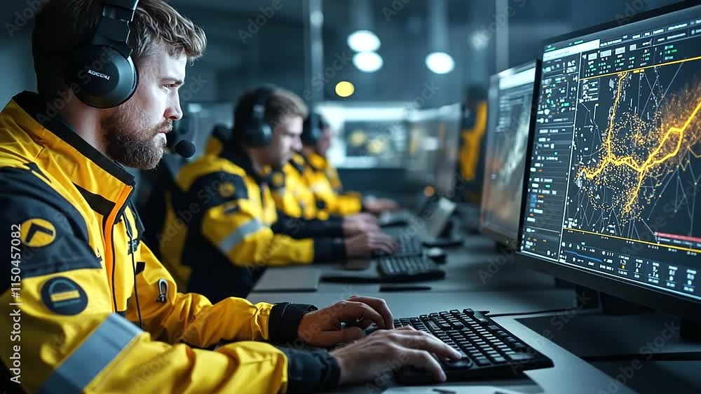 Aufkleber a team of rescue workers wearing high-visibility gear in a command room filled with monitors, analyz