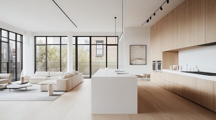 Light-filled modern kitchen with light wood cabinets, a white island, and large windows looking out to trees.