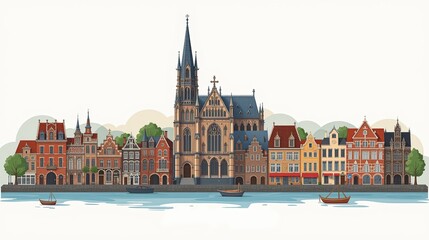 Fototapeta premium 's-hertogenbosch Netherlands Travel Poster Flat Illustration Print Decor Gift Canvas Wall Art Gift