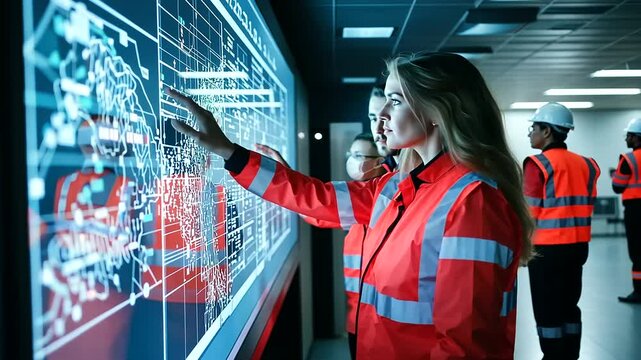 A group of rescue workers pointing at a digital wall map in an emergency control room, planning rapid deployment amidst glowing equipment and monitors