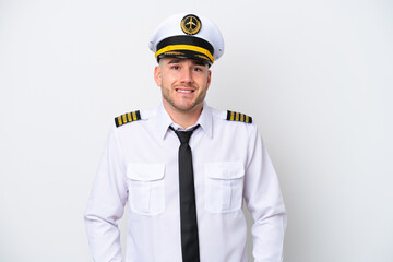 Airplane caucasian pilot isolated on white background laughing