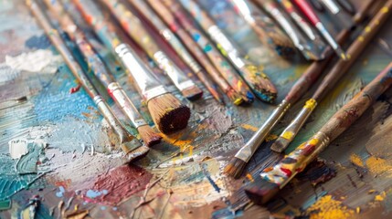 Obraz premium Painterly Palette: A Close-Up of Artist's Paintbrushes and Colorful Palette