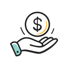 hand drawn save money icon, salary money, invest finance, hand holding dollar, doodle symbols on white background