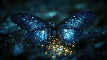 A glowing butterfly with a starry pattern, surrounded by shimmering particles.