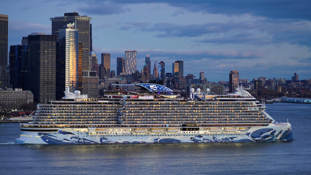 New York, NY, USA - December 21, 2024: Cruise ship Norwegian Prima in New York harbor.