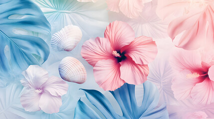 A calming tropical patchwork with soft pastel tones featuring banana leaves monstera patterns and subtle tribal motifs.