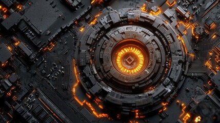Abstract futuristic circuit board with glowing central core.