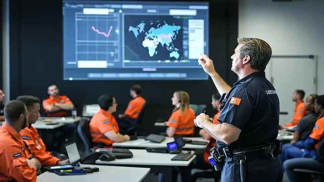A command room filled with rescue workers as they listen to a lead coordinator presenting plans on a large digital display, surrounded by advanced equipment