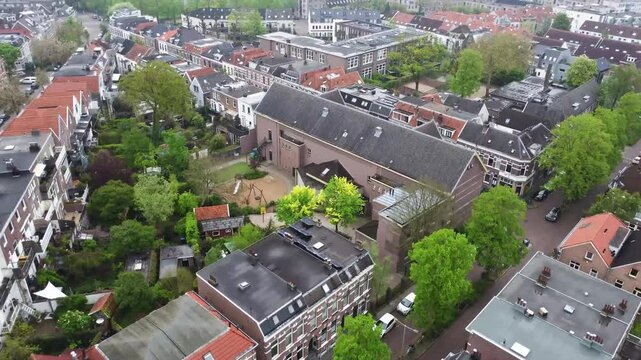1890's, 19th century, aerial, architecture, arnhem, buildings, buurt, city, color, cosy, day, descending, drone, dutch, europe, european, gardens, gelderland, graaf ottoplein, green, hills, historic, 