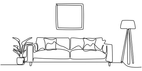 Fototapeta premium Continuous one line drawing armchair, nightstand and lamp. Living room interior in loft apartment. Modern furniture in simple Linear style. Doodle style, Continuous line drawing of sofa, lamp and plan