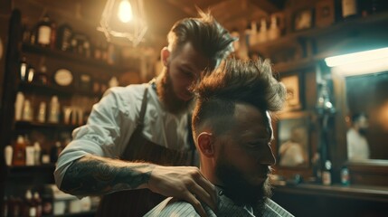 Obraz premium Vintage Barber Shop: Masterful Haircut in Progress