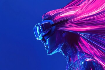Obraz premium Abstract Portrait of a Woman in Her 30s Wearing VR Glasses, Head Tilted Upward, Illuminated by Vibrant Neon Blue and Pink Lighting for Futuristic Aesthetic
