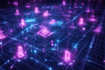 Obraz premium Abstract Neon Grid Network Map with Locked and Unlocked Icons, Dynamic Cyber Effects and Stylized Vector Art Suitable for Technology and Data Backgrounds