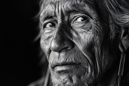 Close up black and white portrait capturing the weathered face of a contemplative senior apache man, highlighting his rich history and cultural heritage