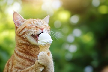 Ginger cat licking ice cream cone in a sunny summer garden setting, enjoying a refreshing treat