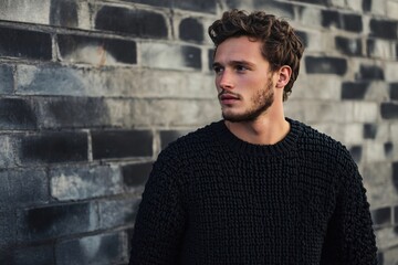 Obraz premium Fashionable man wearing a black knitted sweater standing against a brick wall, looking thoughtfully to the side