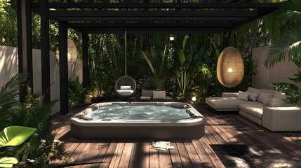 Fototapeta premium Tropical spa hot tub patio relaxation.