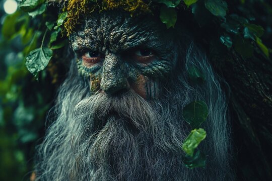 Portrait of leshy, a slavic mythological creature, protector of the forest, wearing a crown of green leaves and moss