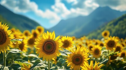 Fototapeta premium vibrant field of sunflowers against a mountainous backdrop