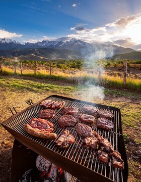 Generated image Argentinian asado grill filled with an assortment of meats, embers glowing parilla